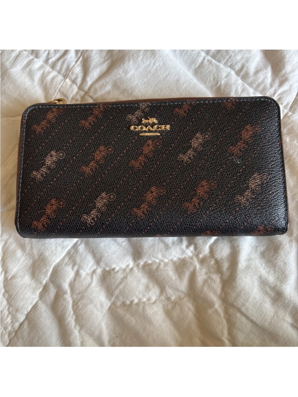 Coach Carriage Print Zip Wallet in Dark Brown and Black